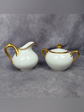 Haviland France White Porcelain Creamer and Sugar with Gold Trim